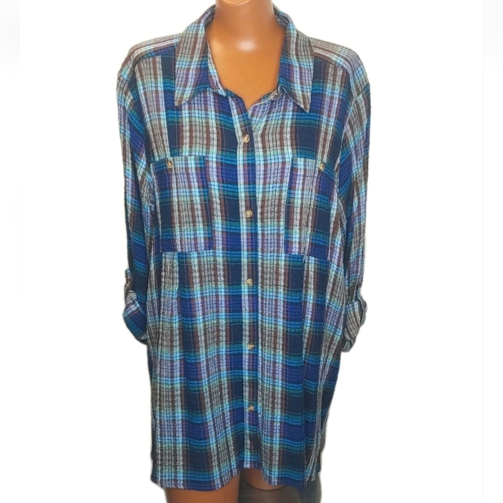 Intro Love The Fit Tunic Top Woman Plus 2X Blue Plaid Roll Tab Sleeve Shirt Nwt